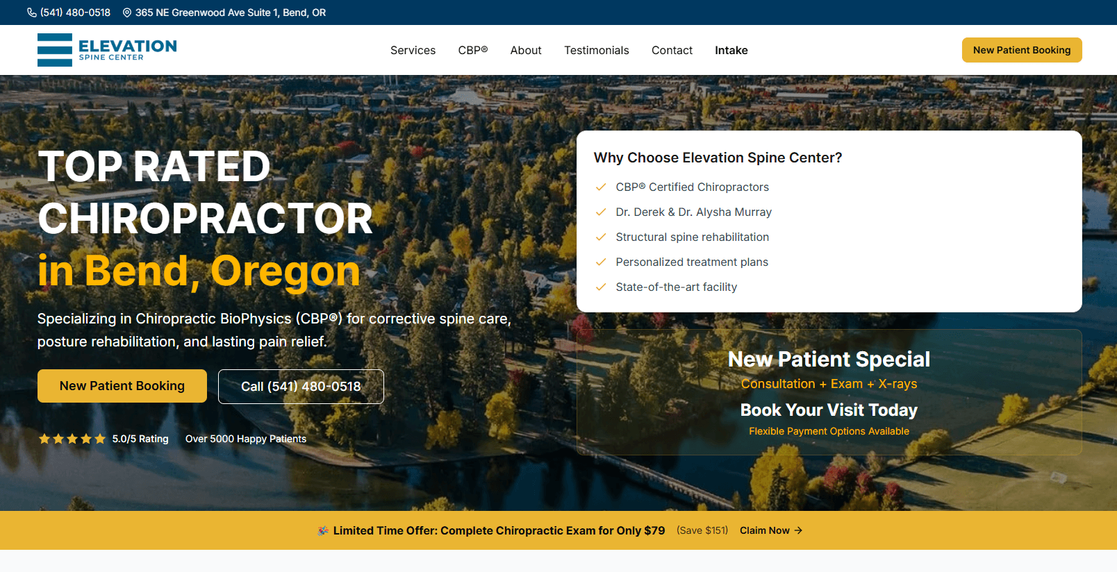 Elevation Spine Center website screenshot