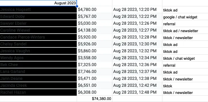 Monthly leads and revenue data